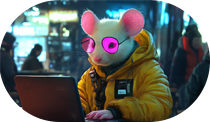 Un ratón con gafas rosas y una chaqueta amarilla trabajando en una laptop en un entorno urbano.