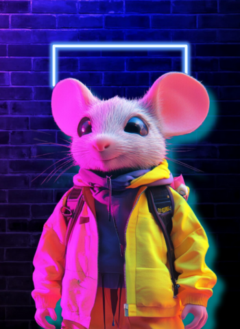 Ratón con chaqueta amarilla y mochila bajo un letrero de neón, representando a Damian Giménez, Lead Developer.