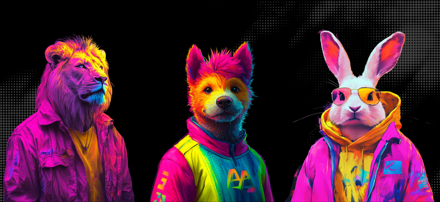 Un león, un perro y un conejo en estilo neón futurista, representando creatividad y diversidad.