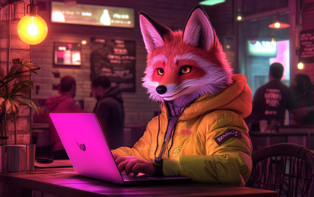 Un zorro con una chaqueta amarilla trabajando en una laptop en un café iluminado, representando creatividad y productividad.