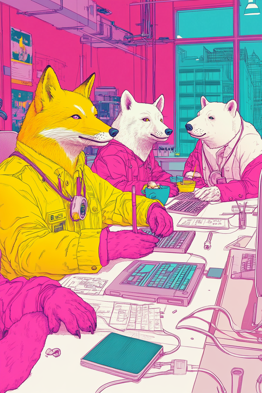 Un equipo de zorros y osos trabajando en una oficina, rodeados de tecnología y papeles, representando colaboración y estrategia.