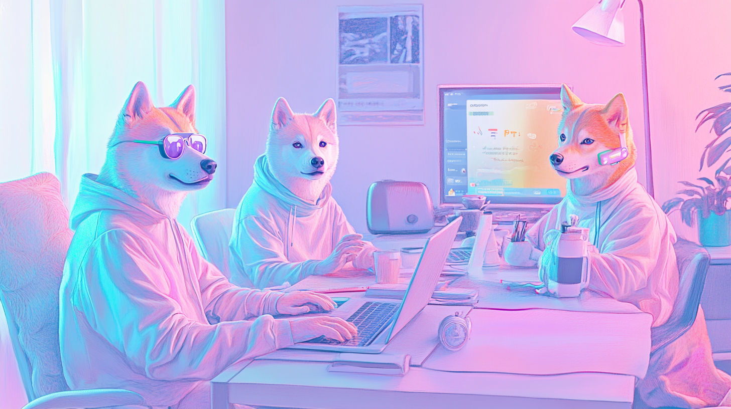 Perros estilizados con gafas y auriculares, trabajando juntos en una reunión creativa.