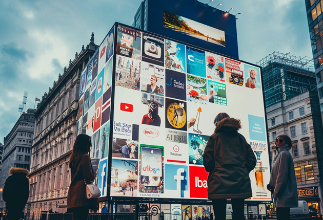 Pantalla gigante mostrando diversas publicaciones de redes sociales en una concurrida ciudad.