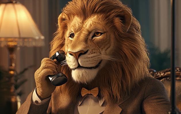 Leon vestido de manera elegante hablando por teléfono, representando profesionalismo.