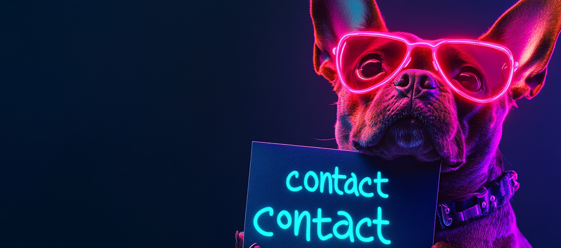 Perro con gafas de neón sosteniendo un cartel de contacto, con un ambiente vibrante y colorido.