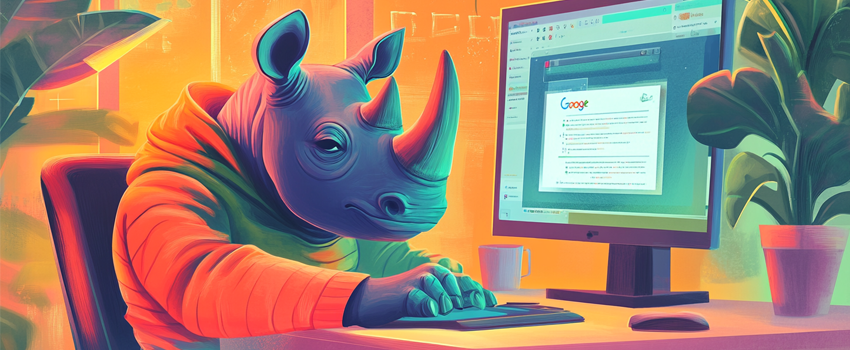 Un rinoceronte trabajando en una computadora con una página de Google abierta, simbolizando creatividad en SEO.